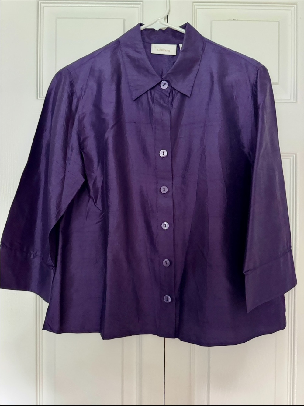 Chico's Size-1 Shimmery Deep Purple Button-Down 100% Silk Shirt-LNWOT